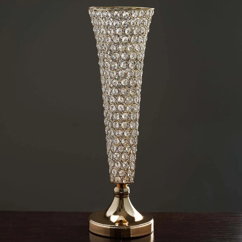 2 Pack Gold Crystal Beaded Trumpet Vase Set, Table Centerpiece 22" Tall