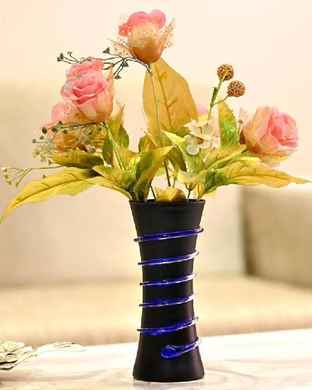 Vivid Blue & Black Glass Pot Without Flower | 8 x 4 inches