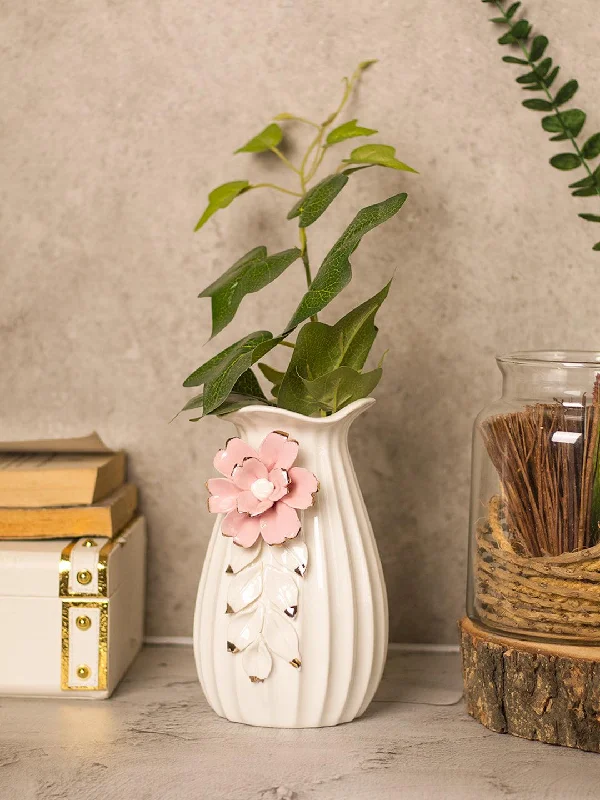 Off White Ceramic Vase - Engraved Floral Pattern, Flower Holder