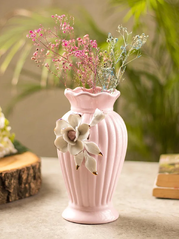 Light Pink Ceramic Curvy Vase - Engraved Floral Pattern, Flower Holder