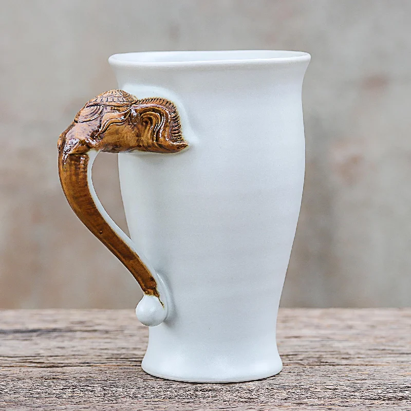 Elephant Handle in White Elephant-Themed Ceramic Mug in White from Thailand