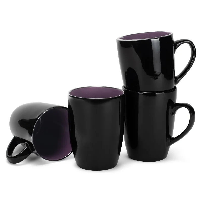 Color Pop Purple Black Exterior 16 ounce Glossy Ceramic Mugs Matching Set of 4