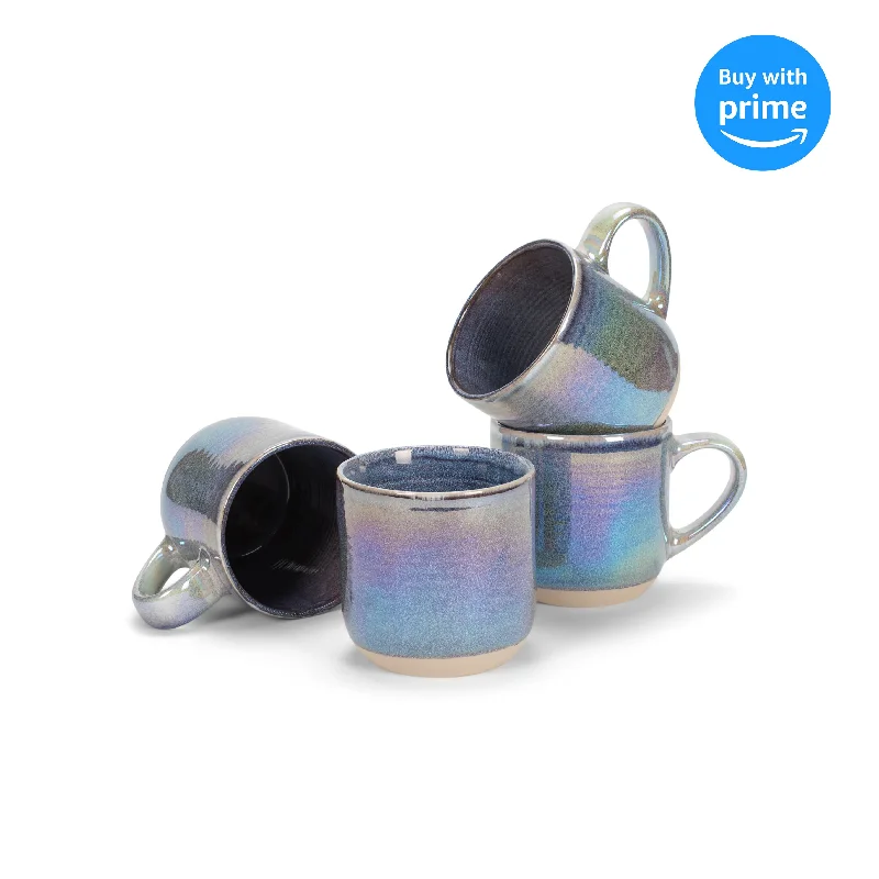 Purple Glossy Iridescent Rainbow Reactive Glaze 17 ounce Stoneware Coffee Cup Mugs Set of 4