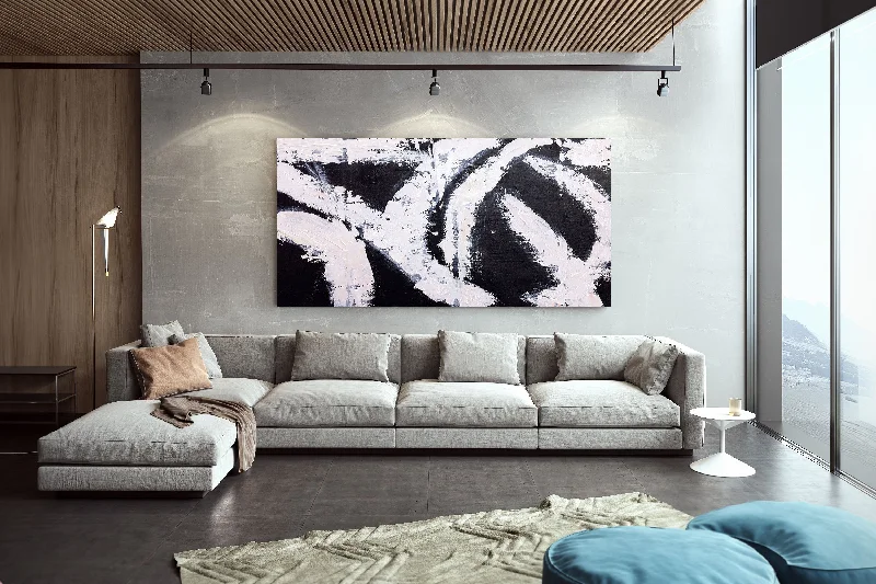 Black and White Art Wide Large Abstract Painting,Living Room Wall Art Bp119