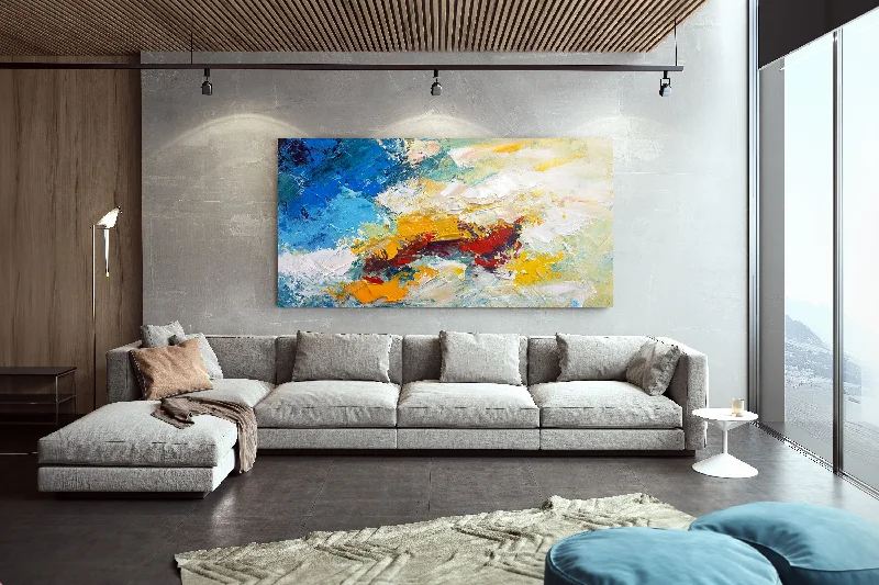 Blue White Yellow Abstract Painting on Canvas Large Artwork Dp035