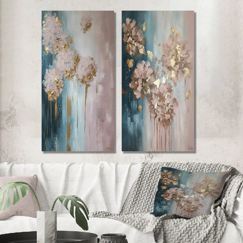 Designart "Abstract Hydrangea Flower In Blossoming Retro II" Hydrangea Wall Art Set of 2 - Traditional For Office Decor