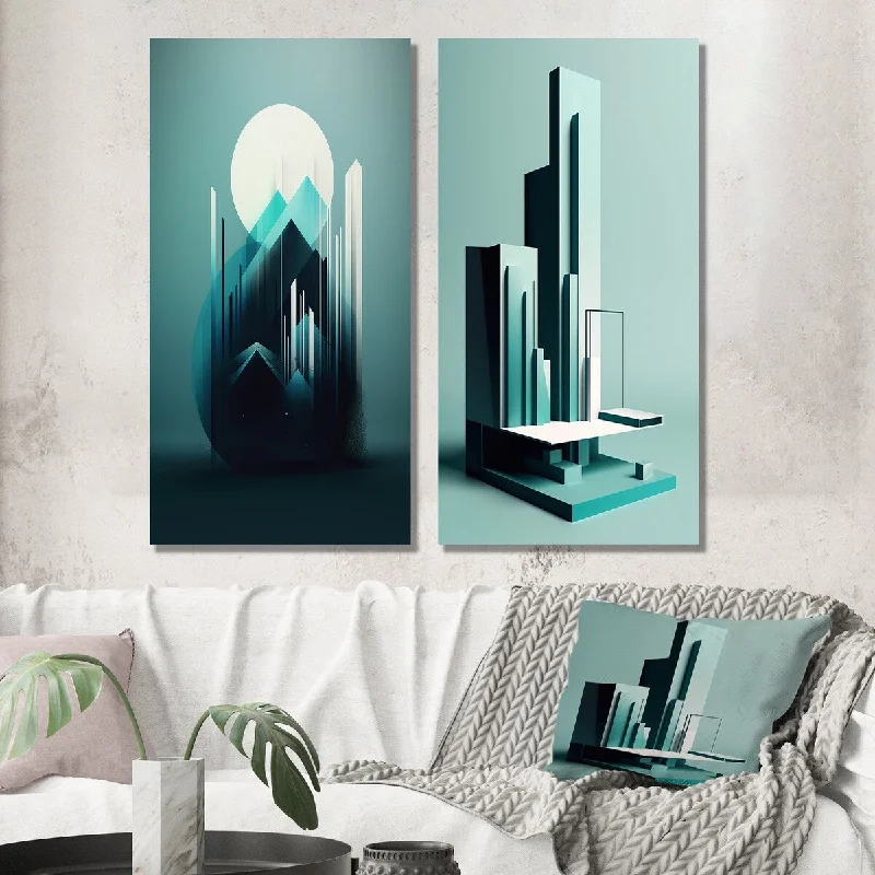 Designart "Abstract Minimal Turquoise Full Moon Landscape" Abstract Wall Art Set of 2 - Modern Printed Wall Décor