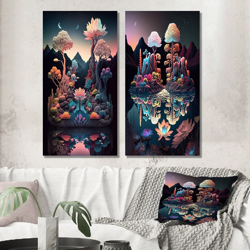 Designart "Abstract Nocturnal Flora Mysterious Lake I" Abstract Wall Set of 2 - Modern Print Art For Living Room Decor