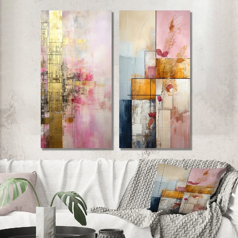 Designart "Allure Boho Chic In Vintage Pink Gold II" Abstract Cubism Wall Art Set of 2 - Modern For Office Decor