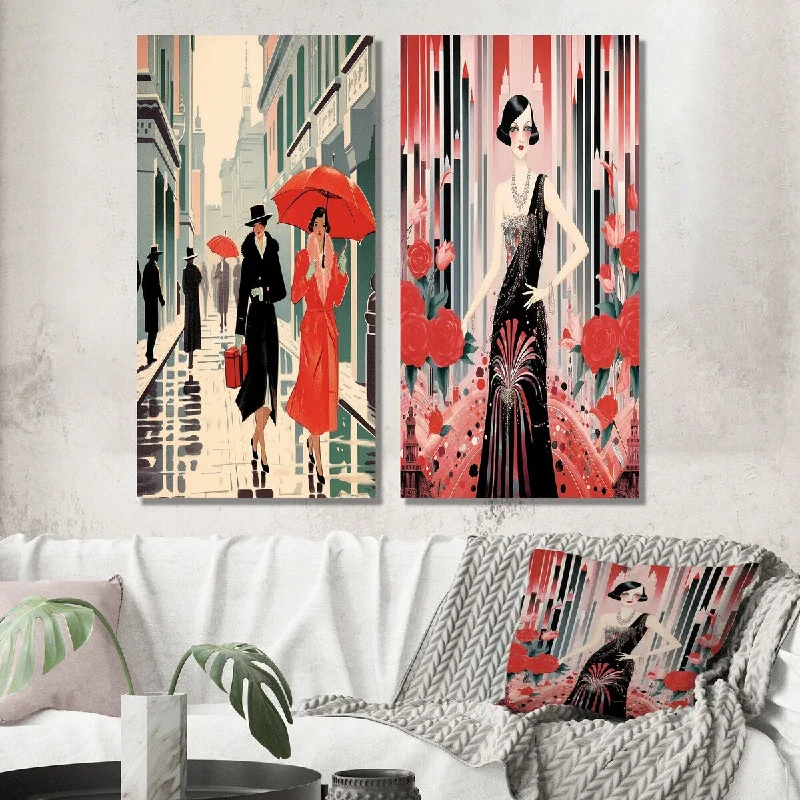 Designart "Art Deco Lady With Red Umbrella" Fashion Woman Wall Art Set of 2 - Glam Wall Art For Home Decor