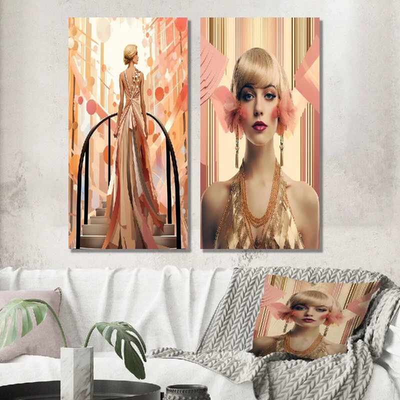 Designart "Art Nouveau Elegant Glamorous Portrait III" Fashion Woman Wall Art Set of 2 - Glam Wall Art For Home Decor