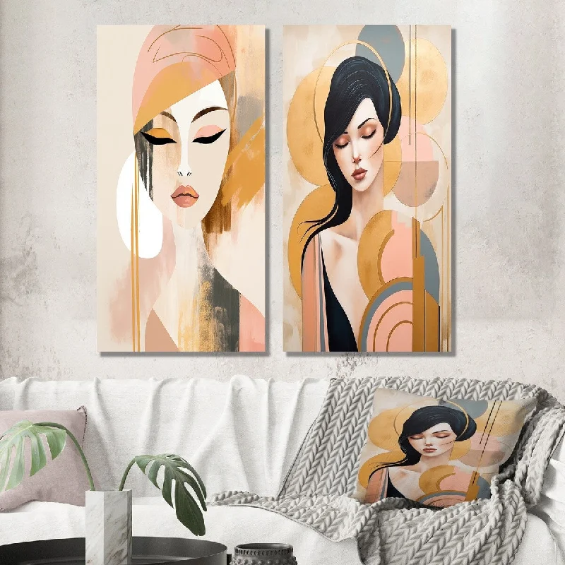 Designart "Art Nouveau Elegant Woman Graphic Portrait" Woman Avant-Garde Wall Art Set of 2 Glam Wall Art For Home Decor