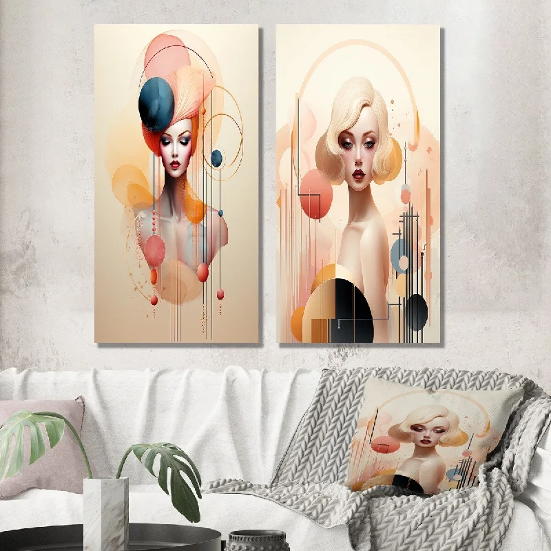 Designart "Art Nouveau Stylish Playful Sensuality Portrait II" Woman Wall Art Set of 2 - Glam Wall Art For Home Decor