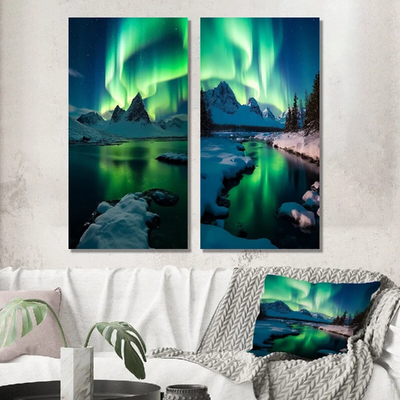 Designart "Aurora Borealis In Stunning Arctic Mountains VI" Northern Lights Wall Art Set of 2 Traditional For Home Decor