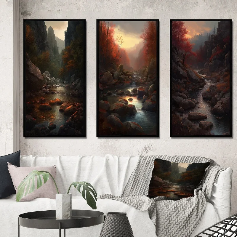 Designart "Autumn Mountain River With Stones Misty Sunset II" Lakehouse Frame Gallery Set Of 3 For Office Decor