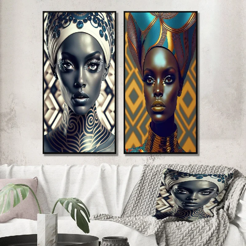 Designart "Beautiful Contemporary African Retro Woman I" Woman Framed Wall Art For Bedroom Gallery Wall Set Of 2