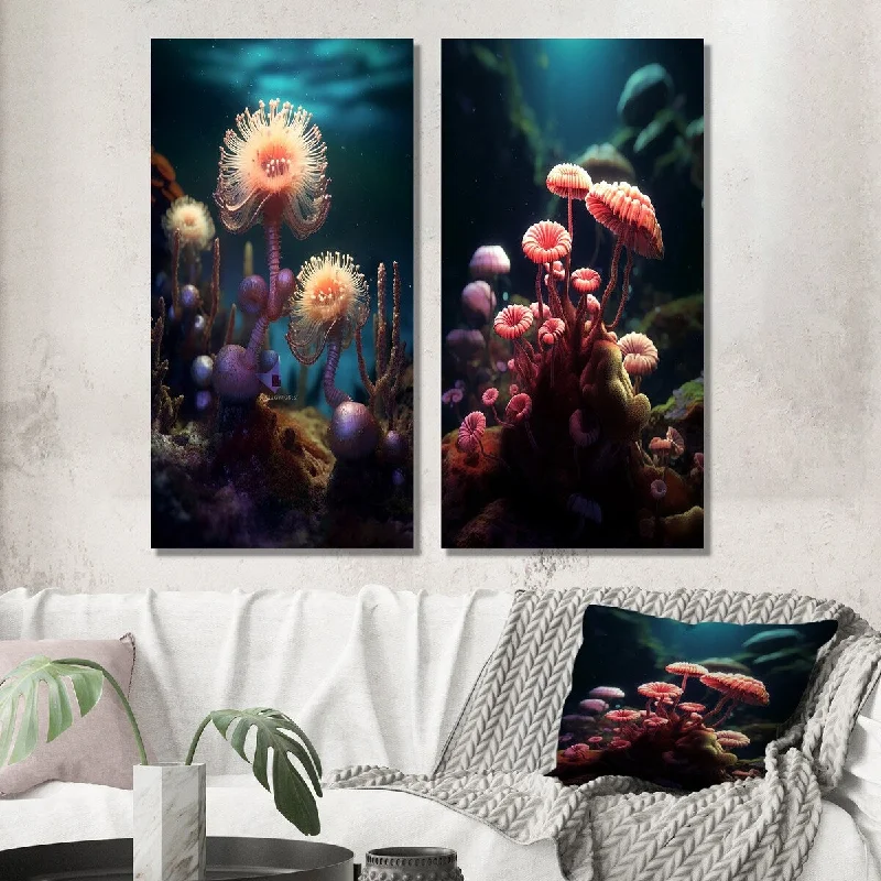 Designart "Beautiful Deep Sea Anemones In Pink And Blue II" Animal Wall Art Set of 2 - Modern Wall Art For Home Decor