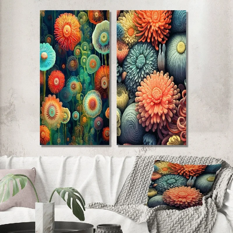 Designart "Beautiful Deep Sea Anemones Retro Harmony III" Marine Animals Wall Art Set of 2 - Modern For Office Decor