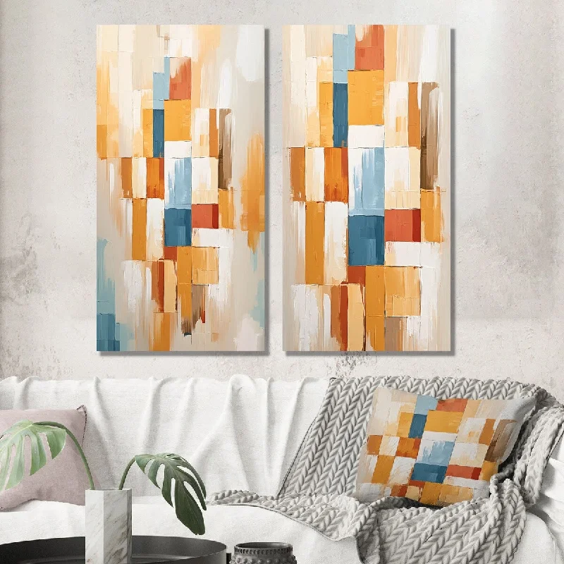 Designart "Beige Blue Colorful Retrovisions" Modern Midcentury Wall Art Set of 2 - Mid-Century Wall Art For Home Decor