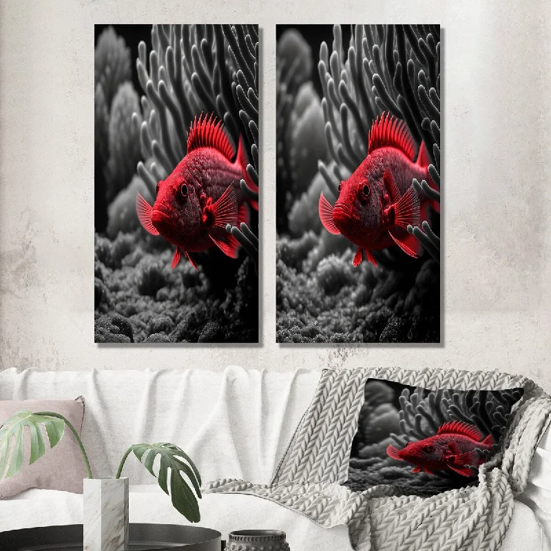 Designart "Black And Red Tropical Fish IX" Animal Fish Wall Art Set of 2 - Children's Art For Living Room Decor