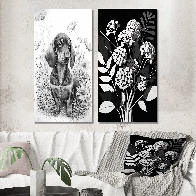 Designart "Black And White Dachshund" Animals Wall Art Set of 2 - Children's Art Gallery Set For Office Decor