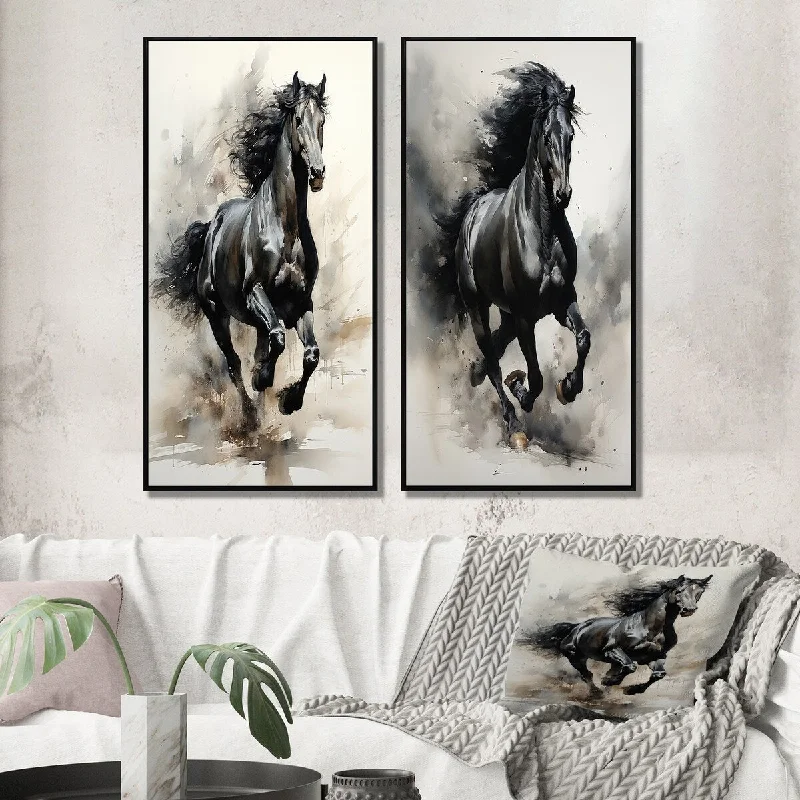 Designart "Black Horse Galopping Ink Illustration III" Animals Framed Wall Art Set Of 2 Gallery Set For Office Decor