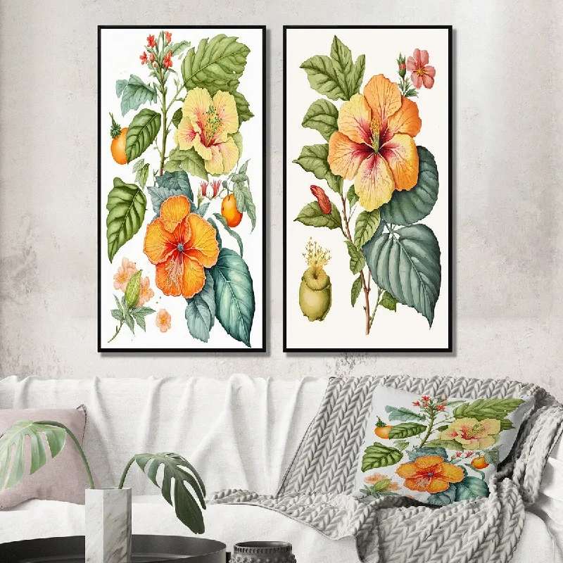 Designart "Blossiming Yellow Retro Hibiscus I" Floral Hibiscus Wall Art Décor - Traditional Wall Art Set Of 2