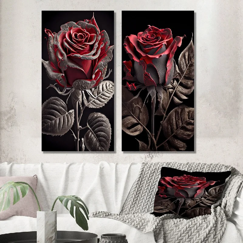 Designart "Blossoming Rose In Red And Gray I" Floral Wall Art Set of 2 - Traditional Print Art For Living Room Decor