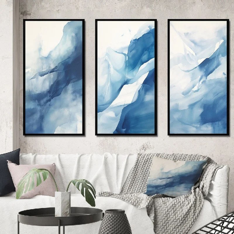 Designart "Blue And White Dancing Watercolor Clouds IV" Abstract Painting Frame Gallery Set Of 3 For Office Decor