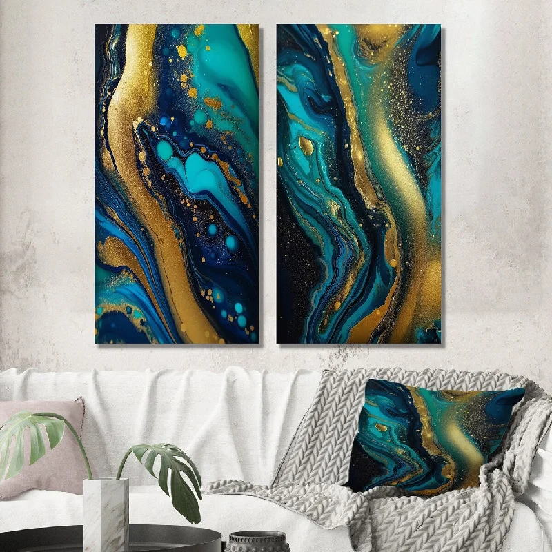 Designart "Blue Dreams Liquid Gold And Turquoise Marble II" Abstract Wall Art Set of 2 - Modern For Living Room Decor