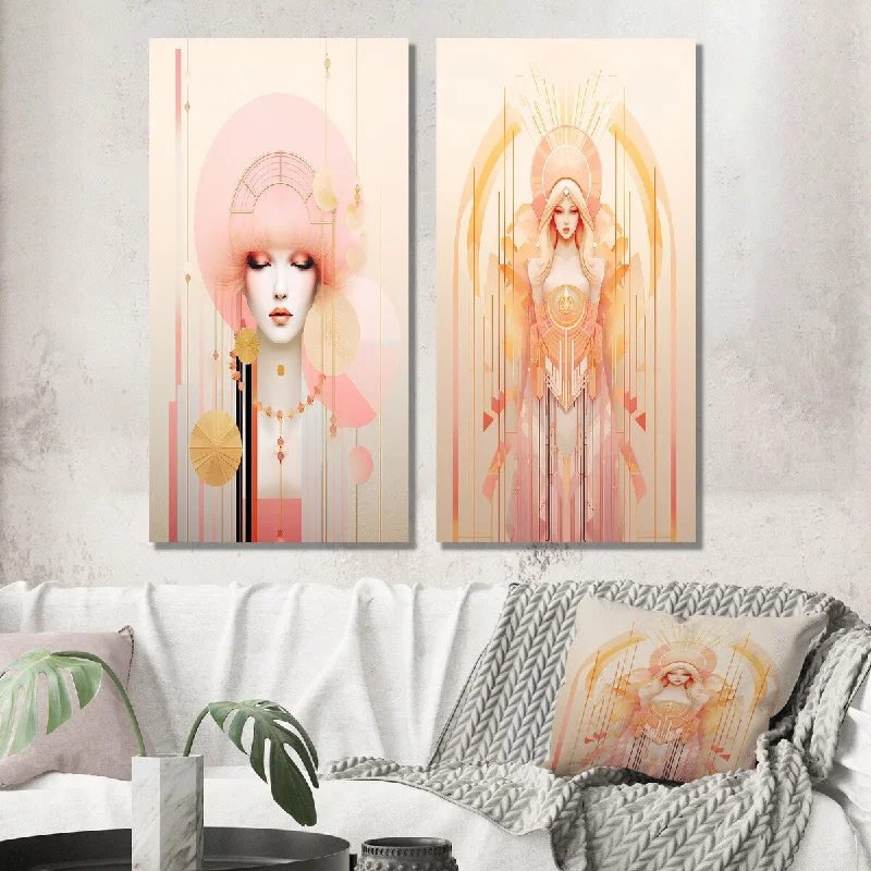 Designart "Boho Chic Fashionista In Pastel Pink" Modern Geometric Wall Art Set of 2 - Modern Wall Art For Bedroom