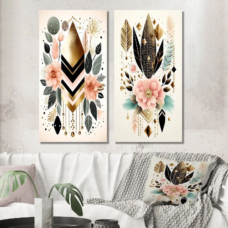 Designart "Boho Chic Floral Geometric Retro Illustration III" Modern Wall Art Set of 2 - Modern Wall Art For Bedroom