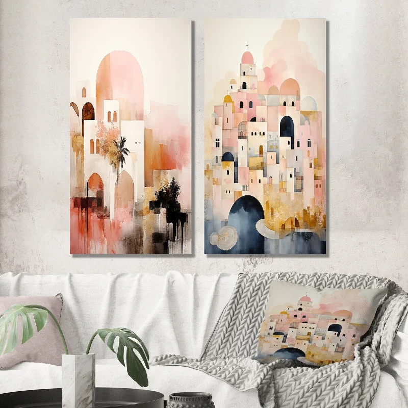 Designart "Charming Oriental City Boho In Retro Pastel II" Modern Wall Art Set of 2 - Modern Wall Art For Bedroom