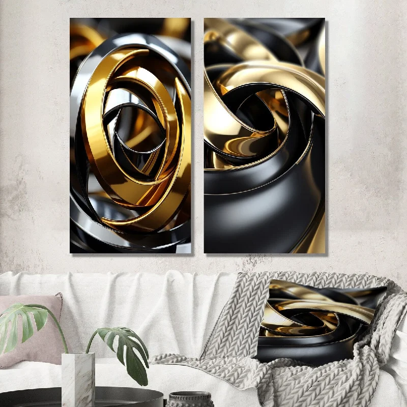 Designart "Circular Futuristic Gold And Silver Swirl" Abstract Wall Art Set of 2 - Transitional Printed Wall Décor