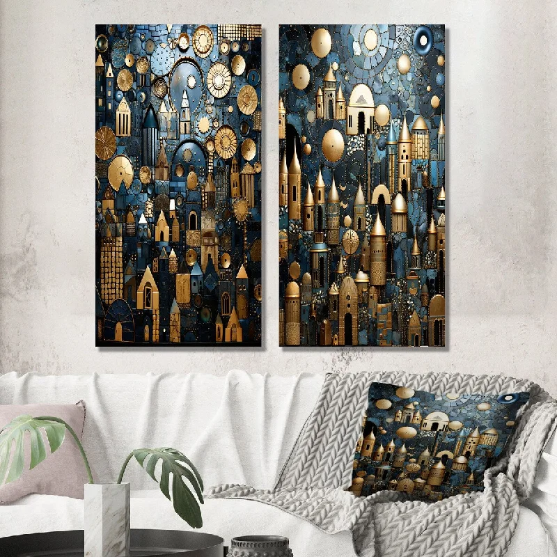 Designart "Cityscape With Castle In Vintage Gold And Blue III" Landscape Wall Art Set of 2 - Modern Gallery Wall Set