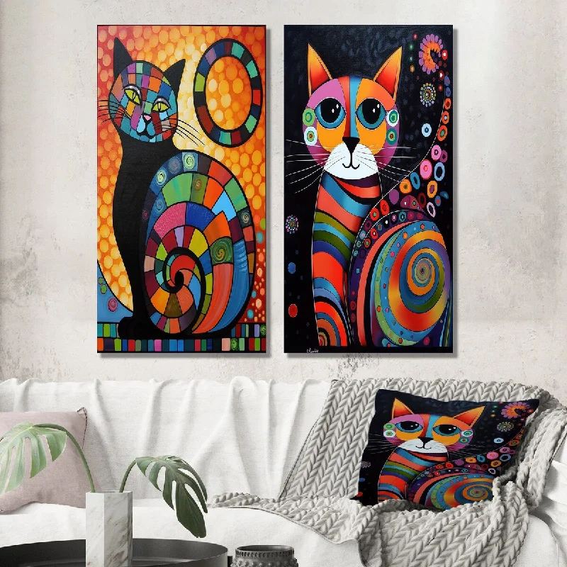 Designart "Colorful Portrait Of Cute Cat II" Animals Cat Wall Art Set of 2 - Children's Art Wall Art For Bedroom