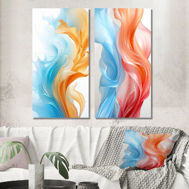 Designart "Contemporary Abstract Waves Orange And Blue II" Abstract Wall Art Set of 2 - Modern Printed Wall Décor