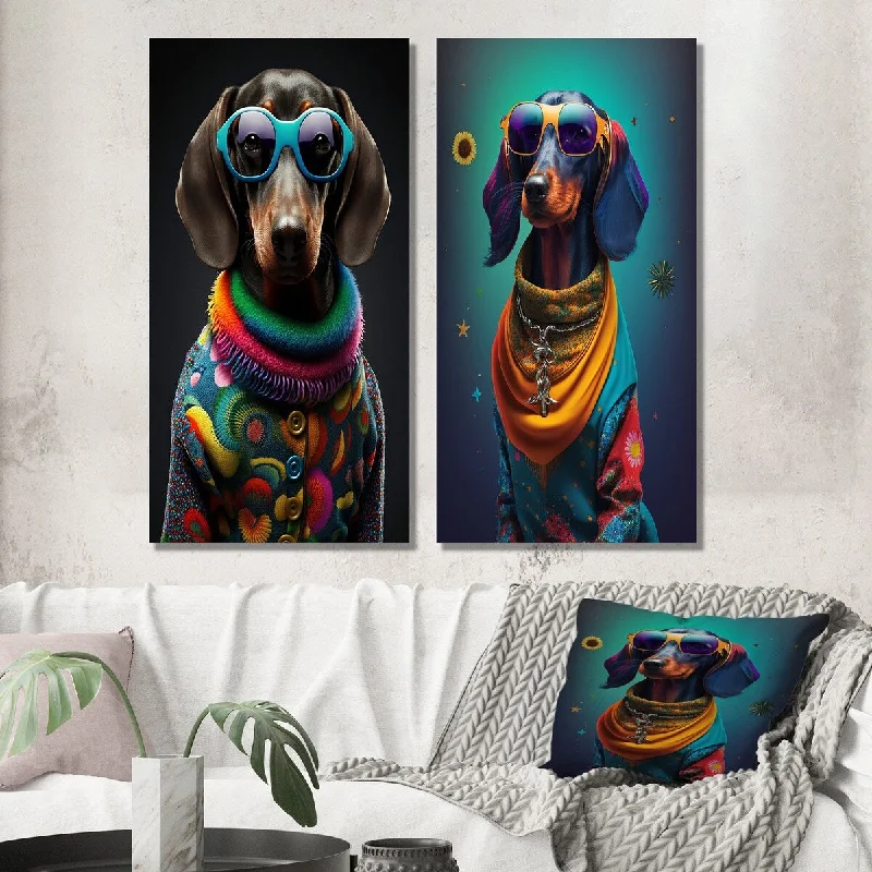 Designart "Cool Dachshund In Rainbow Designer Sweater V" Animal Wall Art Set of 2 - Children's Art For Office Decor