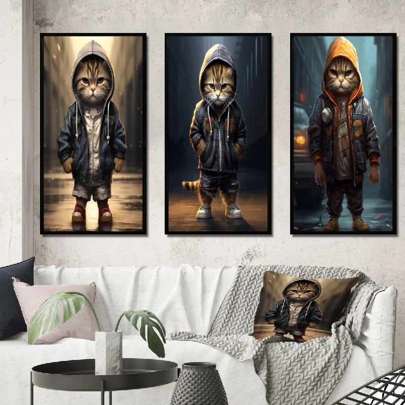 Designart "Cool Kitten Hoody Street Cred II" Animals Cat Framed Wall Art Set Of 3 - Children's Art For Office Decor