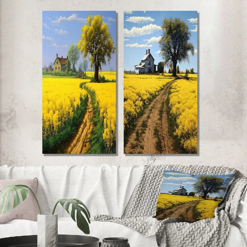 Designart "Countryside Farm Road Yellow Spring Fields I" Meadow Wall Art Set of 2 - Traditional For Office Decor