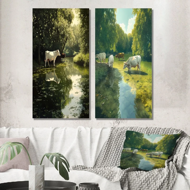 Designart "Cows Walking Near A Lake Rural Scene IV" Animals Cow Wall Art Set of 2 - Modern For Living Room Decor