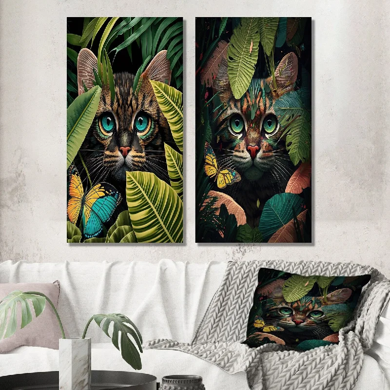 Designart "Cute Cat With Butterfly In Jungle Bushes I" Animal Wall Art Set of 2 - Children's Art Printed Wall Décor