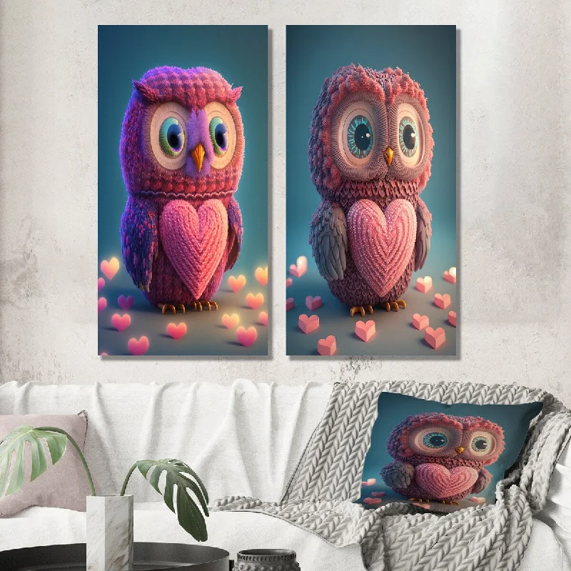 Designart "Cute Litte Knitted Pink Heart Owl III" Animals Owl Wall Art Set of 2 - Children's Art Wall Art For Bedroom