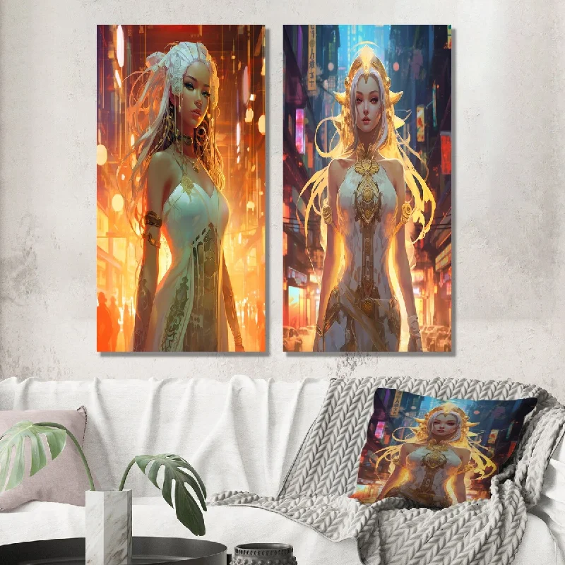 Designart "Cyberpunk Urban Tokyo Gracious Goddess II" Woman Wall Art Set of 2 - Glam Gallery Set For Office Decor