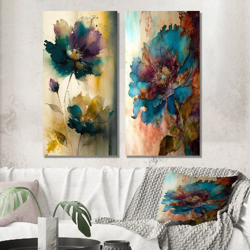 Designart "Delicate Blossoming Pansy Flower Retro II" Flowers Wall Art Set of 2 - Traditional For Living Room Decor