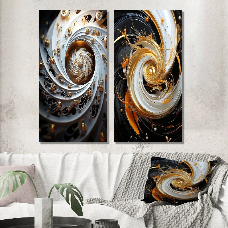 Designart "Eflorescence White Gold Liquid Floral Spiral" Abstract Wall Art Set of 2 - Transitional Wall Art For Bedroom