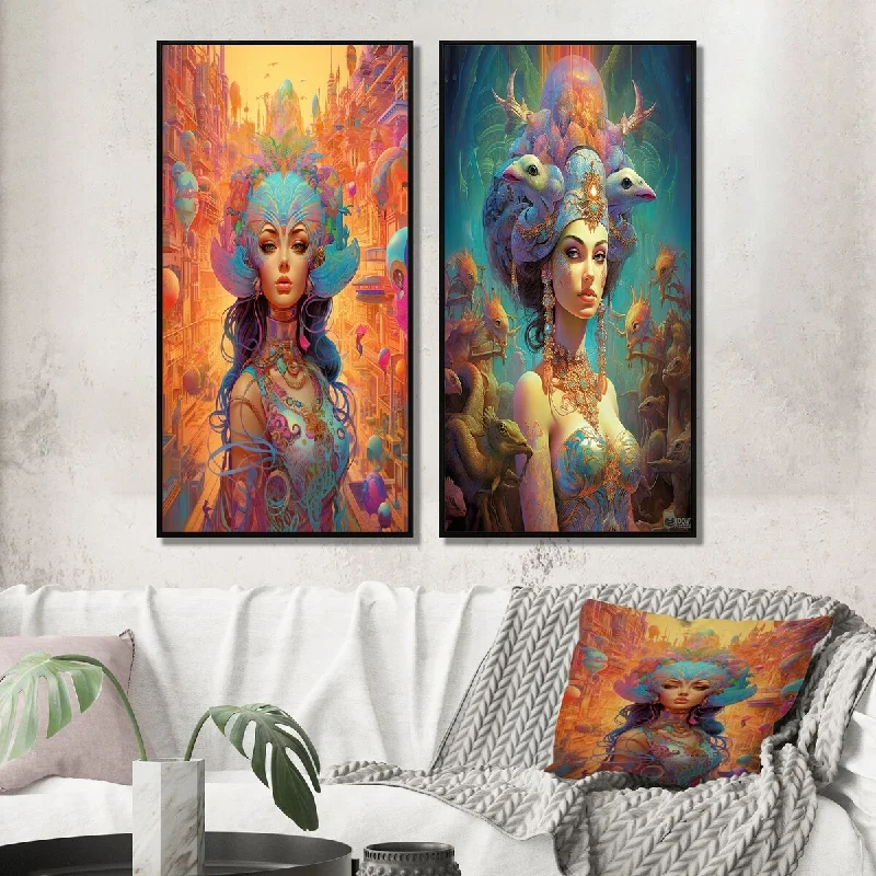 Designart "Exquisite Goddess In Psychedelic Pastels II" Fashion Woman Framed Wall Art Gallery Wall Set For Home Decor