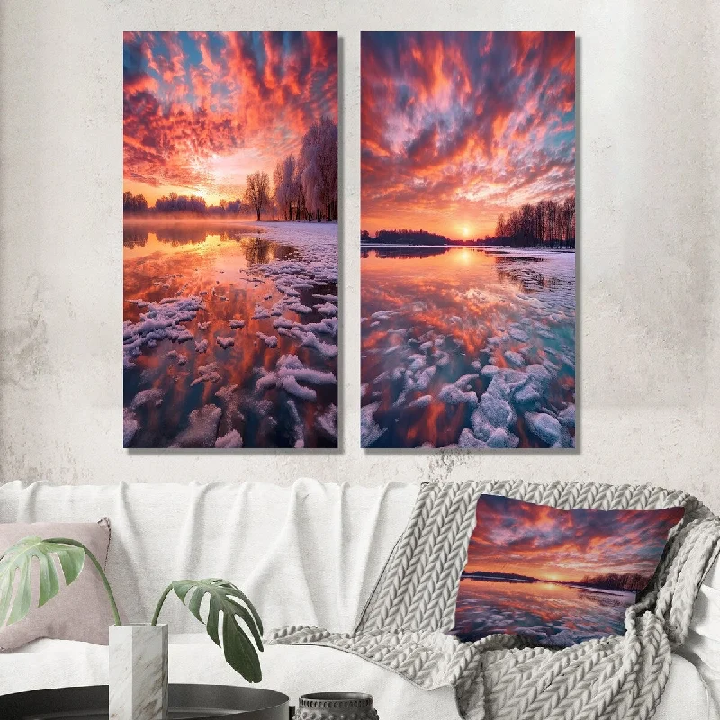 Designart "Exquisite Pastel Sunshine Over Icy Winter Lake II" Lake Wall Art Set of 2 - Lake House Printed Wall Décor