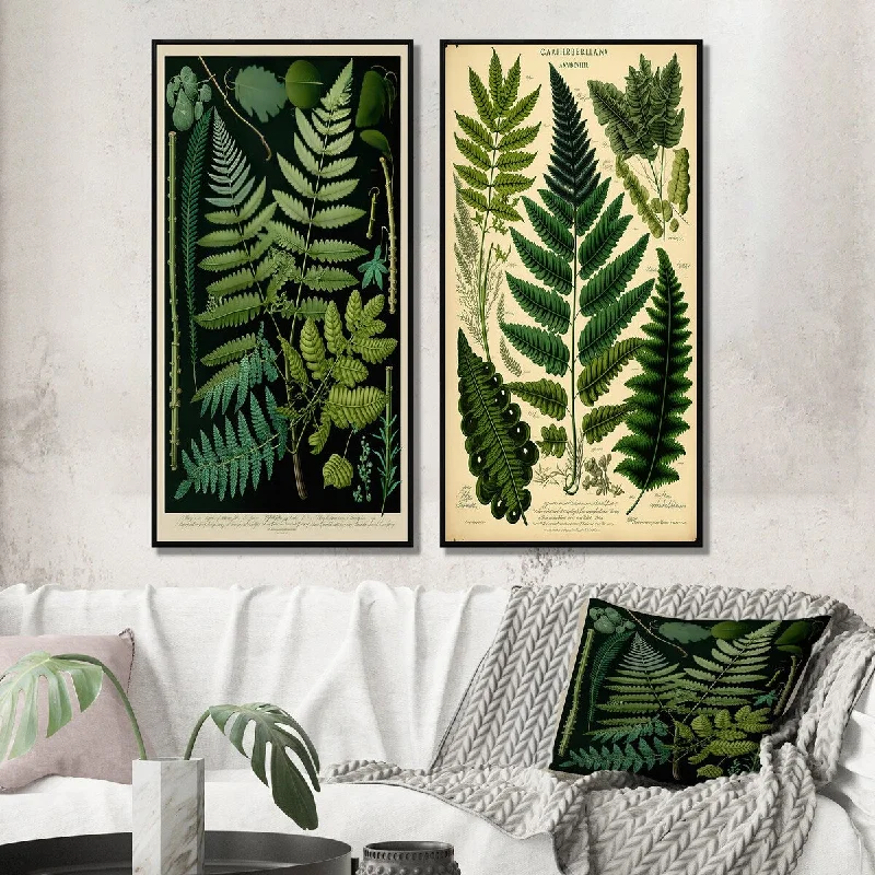 Designart "Fern On Retro Victorian Chart I" Floral Ferns Wall Art Décor - Modern Wall Art Set Of 2