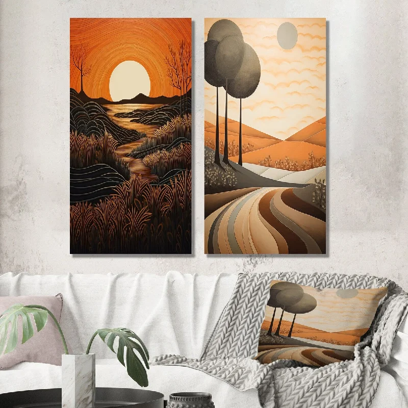 Designart "Full Moon River Glow Retro Landscape" Meadow Wall Art Set of 2 - Traditional Gallery Set For Office Decor